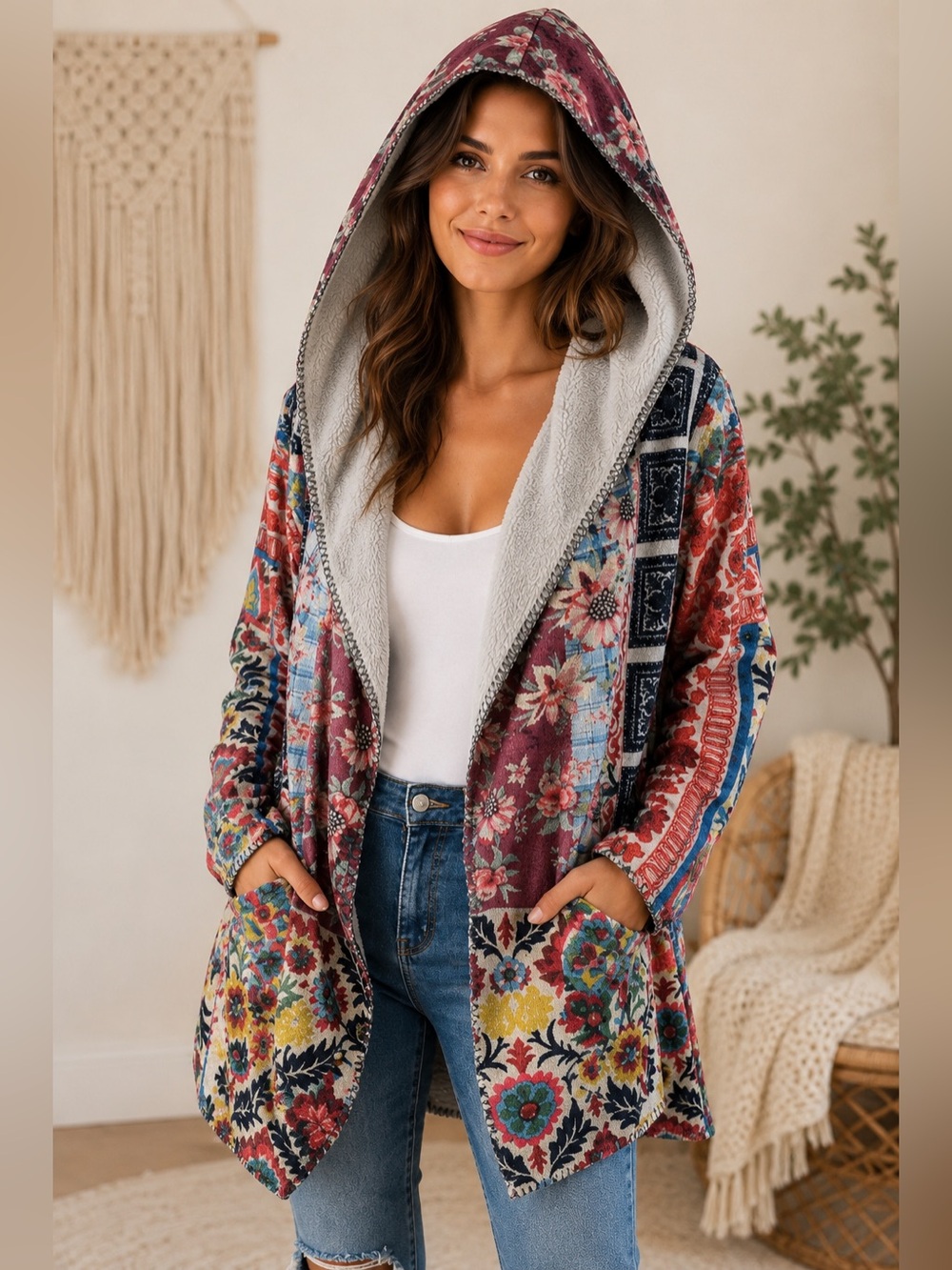 Johnny Was Cozy Sherpa Topper Hooded Floral Cardigan Jacket Women’s S